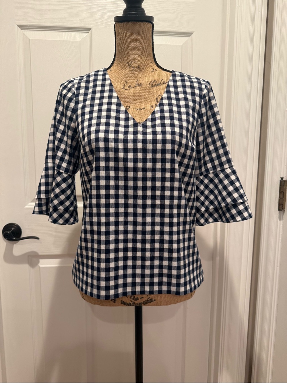 Draper James Navy and White Gingham V-Neck Bell Sleeve Blouse